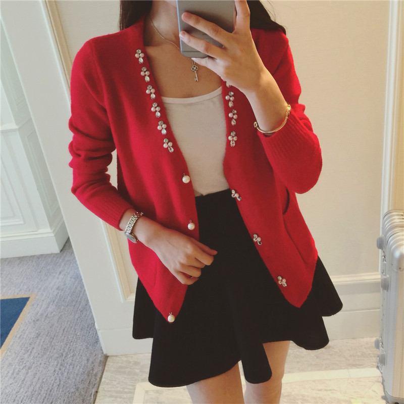 春秋款针织衫女开衫2015 手工钉珠针织毛衣外