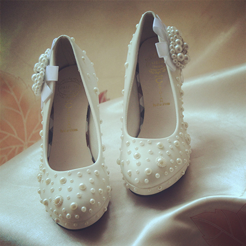 新款白色婚纱珍珠鞋 新娘鞋水晶鞋婚鞋伴娘结婚鞋子水钻鞋蕾丝