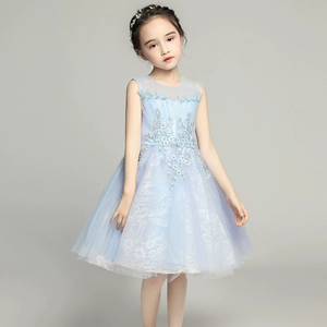 Váy trẻ em 2019 phong cách nước ngoài mới màu xanh váy công chúa cô gái nhỏ váy cưới mẫu váy catwalk hiệu suất catwalk - Váy trẻ em