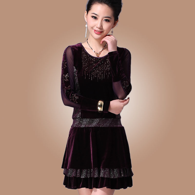 2014<em>春装</em>新款<em>中年</em>大码<em>女装</em>金丝绒春秋裙长袖