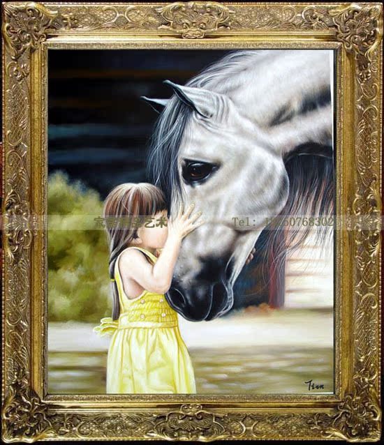手工欧式人物动物油画 客厅卧室餐厅床头画 小女孩与马