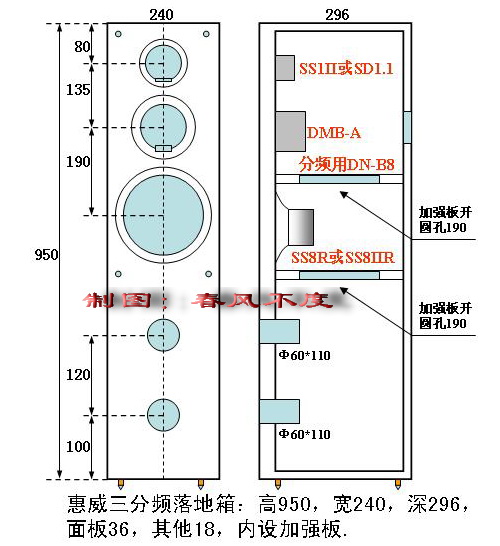 三分频落地空箱/高中低3分频8寸diy落地箱/可按客人喇叭开孔