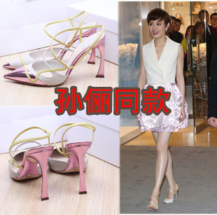  夏季新款孙俪时尚鸳鸯鞋罗马尖头细跟真皮时装女鞋高跟女凉鞋