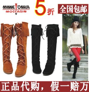  美国Minnetonka正品代购迷你唐卡高筒靴女靴雪地中筒靴流苏长靴子