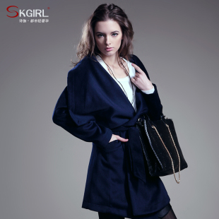  skgirl 秋冬翻领羊毛毛呢大衣 宽松大码女装厚中长款毛呢外套J014