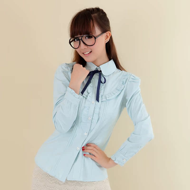 学院风修身泡泡袖全棉...