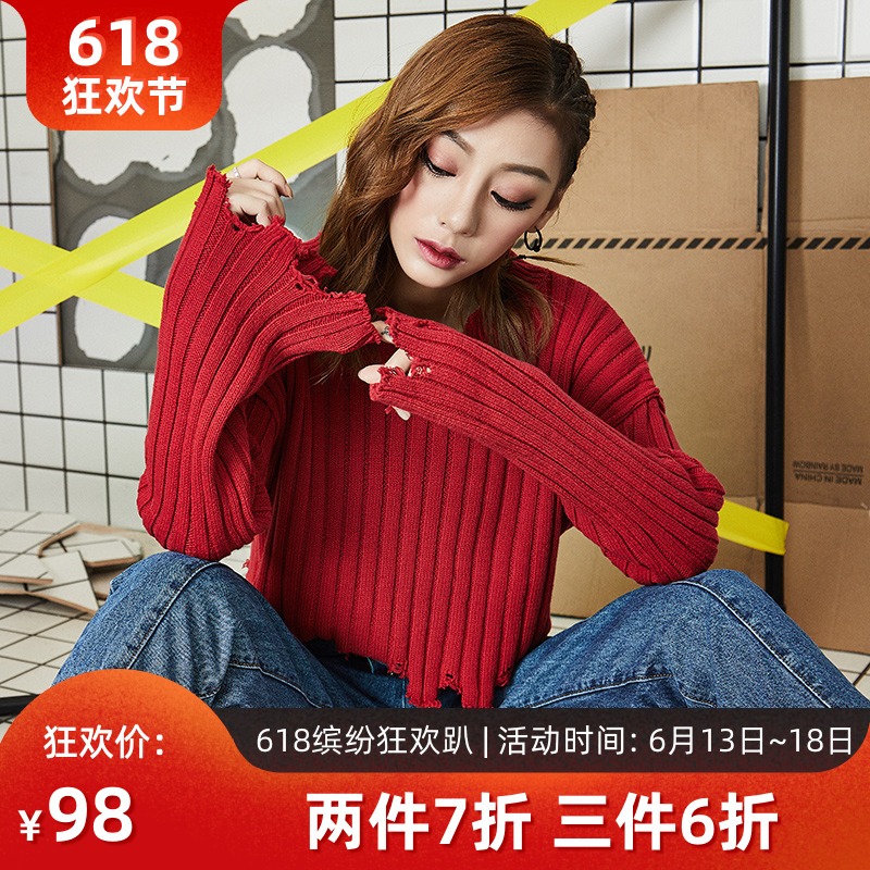 月老家 街头休闲风打底针织衫修身长袖短款缺边套头毛衣女2019春|ruв категории Женская одежда, свитер - от Buy2taobao.com для оказания профессиональной услуги покупки агента Taobao