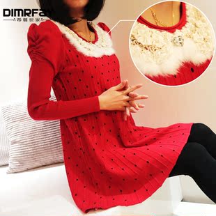  包邮 韩版波点甜美女装打底毛衣女 长款毛衣 兔毛领毛衣裙 连衣裙