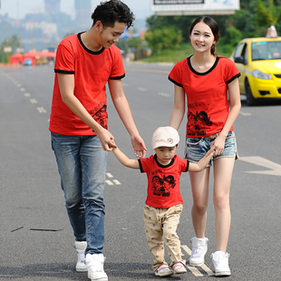  红色一家人亲子一家三口新款父子装夏装母女装母子父女装夏季