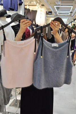 2018秋冬新款韩版女装百搭V领吊带打底针织衫短款背心毛衣上衣潮