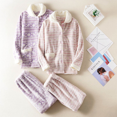 包邮日系加厚法兰绒长袖长裤家居服套装女士宽松秋冬季睡衣可爱