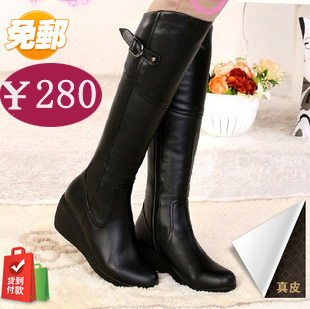  包邮天美意正品女靴冬新款高跟牛皮坡跟高筒靴真皮靴子