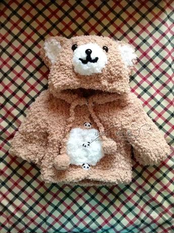 纯<em>手工编织 小熊</em>长袖帽衫绒绒线宝宝毛线衣背