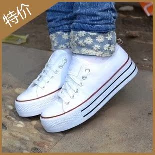  新款纯色系带低帮手绘帆布鞋女韩版潮正品厚底松糕鞋增高女鞋包邮