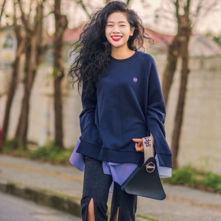 IINC Select Shop RECTO False two Blue Stripe shirt Side slits Long sleeve Sweater New Spotin the Women's clothing/Boutique , Sweater/Fleece category - from Buy2taobao.com to provide professional Taobao agent buy service