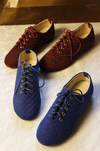  欧美单鞋 系带复古平底菱格压痕休闲鞋奢华全羊皮平跟 单鞋女