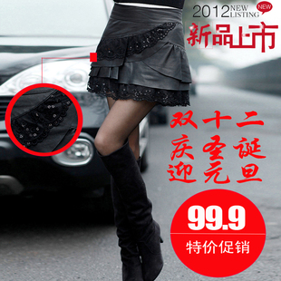  品牌秋冬季新款女装韩版迷你短皮裙高档PU皮裙蕾丝花边A字裙