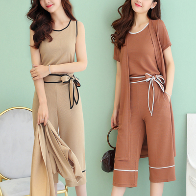 高腰阔腿裤套装女时尚两件套2018新款夏季女神休闲三件套女小香风