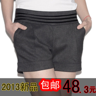  包邮 上新 春秋百搭加厚毛呢短裤韩版靴裤PU皮拼贴松紧腰女裤