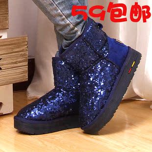 冬季双层亮片厚底松糕雪地靴女新款保暖雪地靴 棉鞋 短靴子