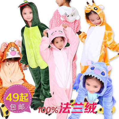 包邮如厕版秋冬法兰绒男女<em>卡通</em>儿童<em>连体睡衣</em>绿