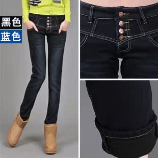  加厚打底裤铅笔裤秋冬大码韩版显瘦高腰加绒牛仔女裤小脚裤 排扣