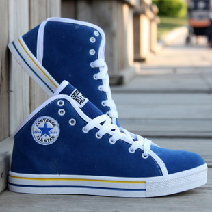  夏季纯色系带运动鞋高帮匡威帆布鞋韩版男士内增高休闲板鞋潮