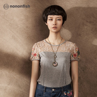  非鱼 蕾丝拼接绣花短袖T恤 女 渔牌姐妹品牌 女装 夏装 新款