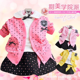  春秋新款正品宝宝学院风蝴蝶结裙 欧式幼儿童装开衫三件套裙套装