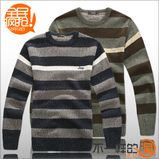  聚狂欢 冬季款 jeep吉普 男士圆领条纹针织毛衣 加厚大码毛衣