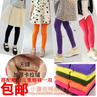  冬款儿童糖果色双层加厚九分裤内不倒绒靴裤卡拉绒打底裤袜子包邮