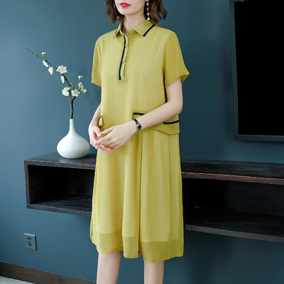 衣品乐原创大码中长款翻领短袖连衣裙女中长款A字裙夏季2019新款