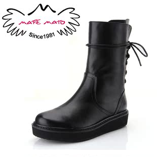  玛菲玛图中筒靴明星同款女鞋真皮坡跟松糕厚底系带马丁靴机车靴