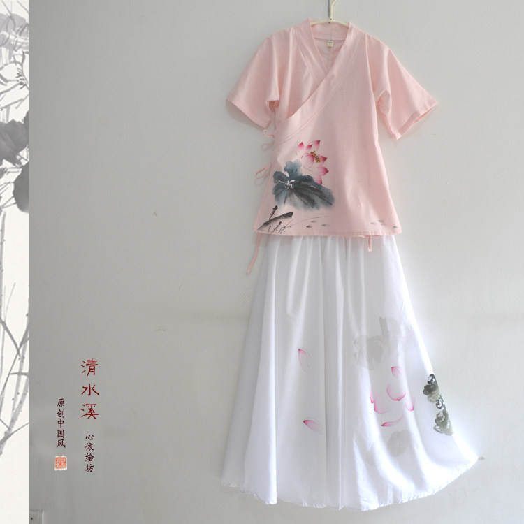 Wu Ge Handan China wind women's hand-painted Lotus Chingshui improvement right ren Han Chinese clothing cotton linen short sleeve shirt