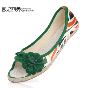  夏季老北京布鞋女士平底凉鞋平跟女凉鞋新款花朵鱼嘴鞋女鞋子