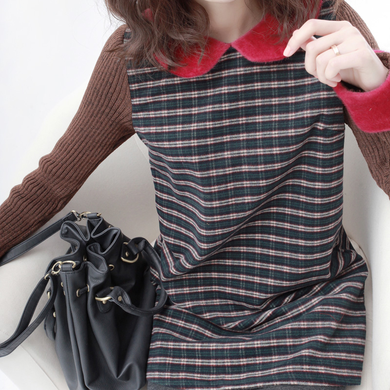 韩拼接娃娃领撞色拼接...