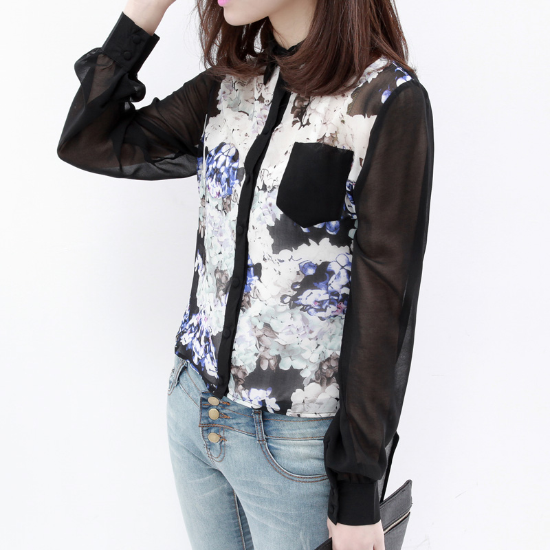 韩版气质翻领长袖印花...