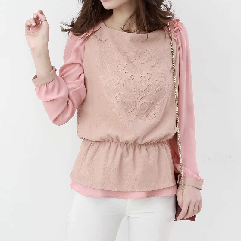 韩版圆领立体印花雪纺...