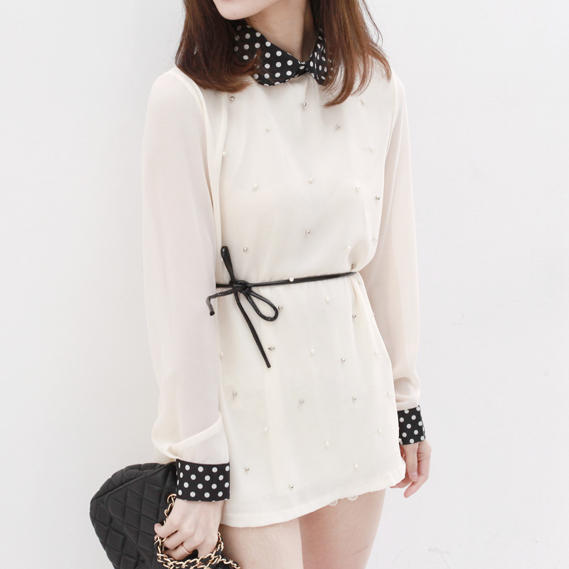 韩版翻领长袖拼接钉..