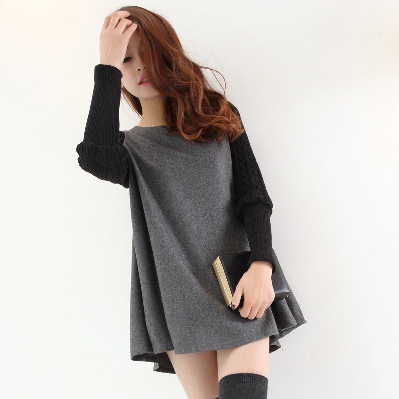 韩版复古圆领大摆拼接...