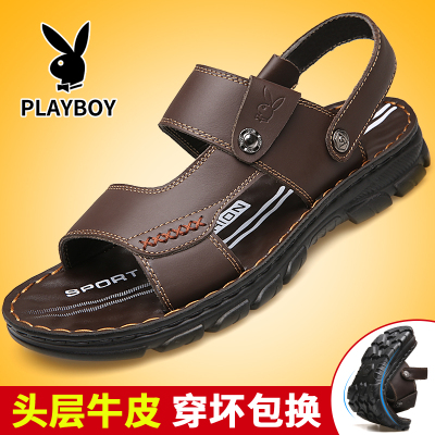 花花公子凉鞋男2019夏季新款两用休闲沙滩鞋真皮防滑中年凉拖鞋子