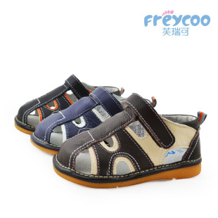  新款芙瑞可freycoo棕色帅气里外全皮鞋牛筋底叫叫包头凉鞋 童凉鞋