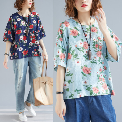 棉麻短袖T恤女2019夏季文艺大码200斤宽松显瘦遮肚亚麻小碎花上衣