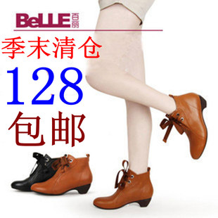  清仓！12新款百丽短靴正品女靴平中跟坡跟马丁靴真皮系带单裸靴子
