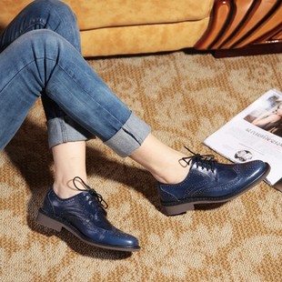 新款英伦复古风系带真皮女鞋平底鞋平跟单鞋休闲鞋皮鞋子蓝色