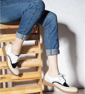  新款欧美复古真皮单鞋英伦风女鞋系带平跟中性鞋拼色平底鞋皮鞋子