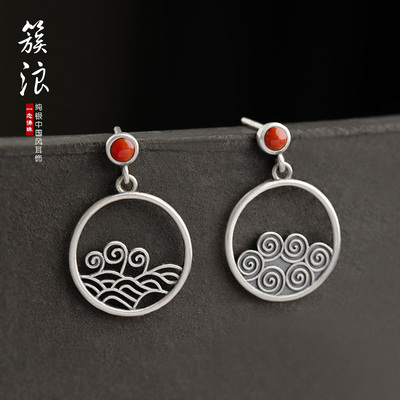 一念s925纯银耳环【簇浪】中国风复古玛瑙耳饰镂空手作设计感耳环