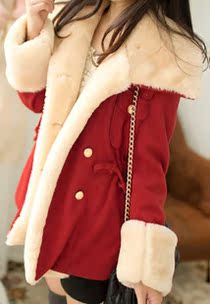 圣诞甜美韩版修身双排扣学院风毛呢大衣