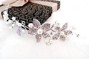  珍珠软链头饰 韩式新娘短发饰花朵头花 白色水钻结婚额饰品配婚纱