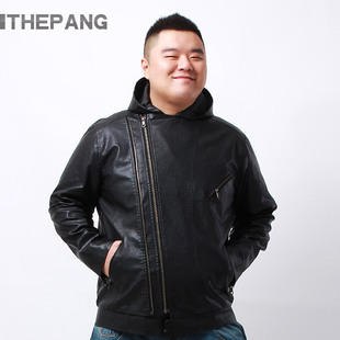  春thepang大码男装皮衣男胖人加大尺码加肥侧拉带帽皮衣